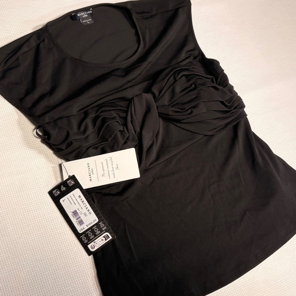 Marciano by Guess Amelia Crew Neck SL Top Jet Black Twisted Knot Ruched NWT L - Picture 6 of 7